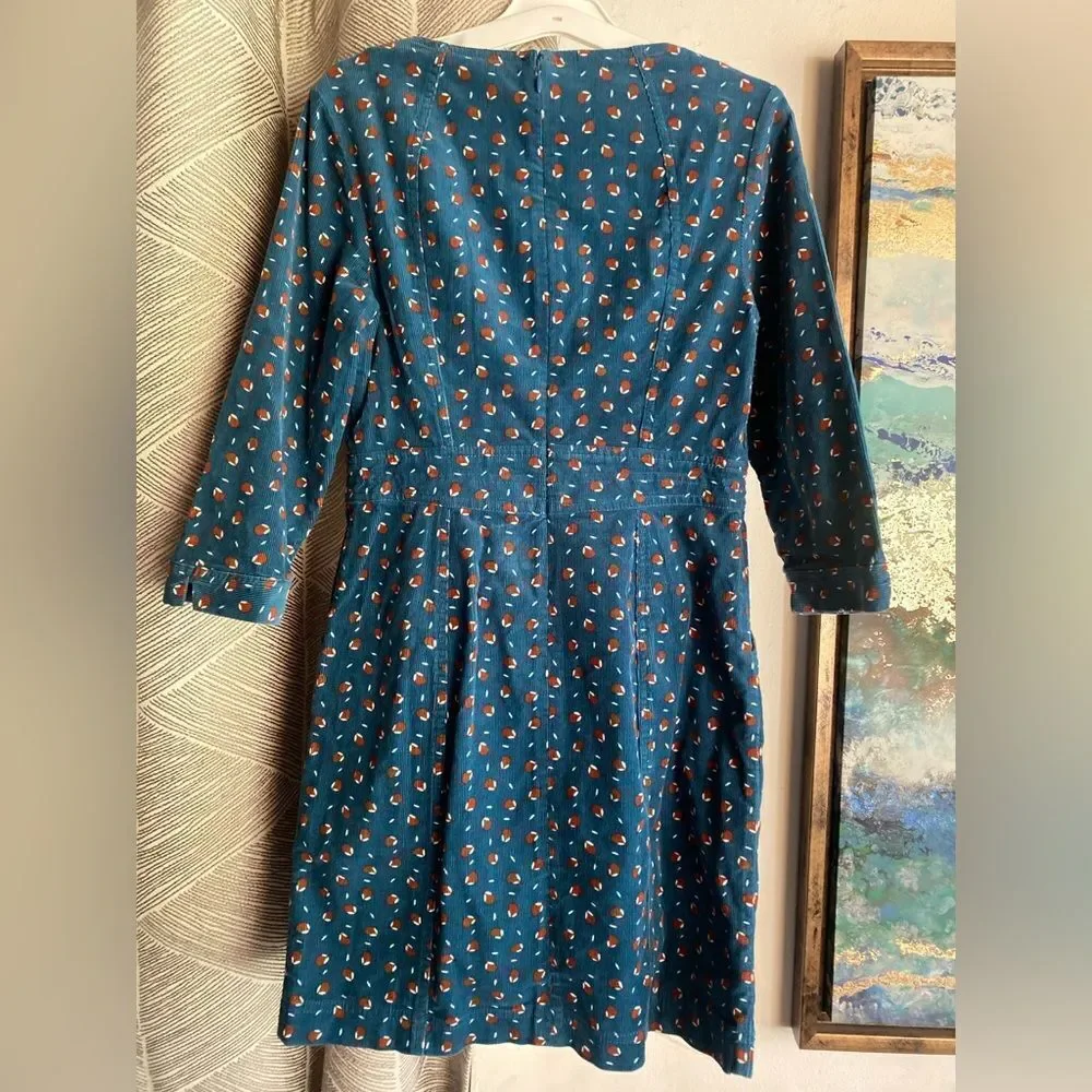 Boden Women Corduroy Green Acorn Shift Dress 3/4 Sleeve Sz 4P NWT